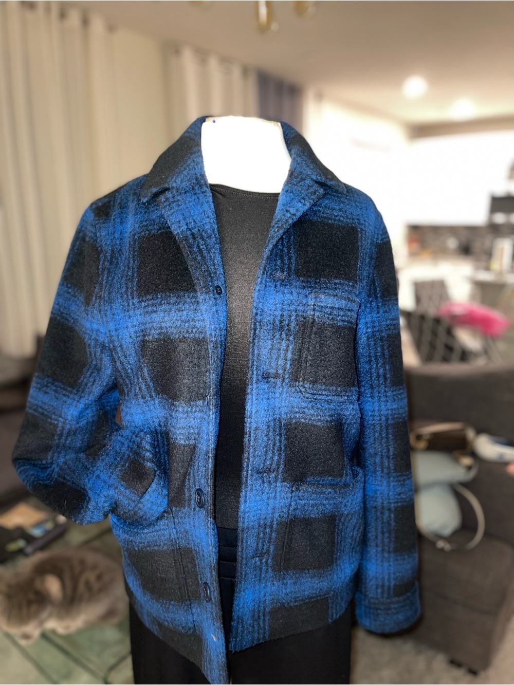 Express Blue and Black Plaid Pea Coat